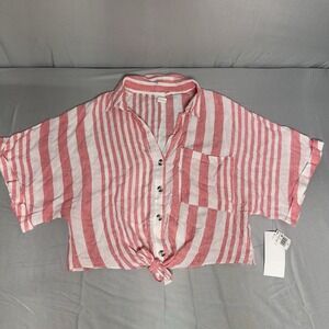 NWT Pink White Striped Tie Crop M Wide Sleeve Linen Feminine Boho Beachy Flowy